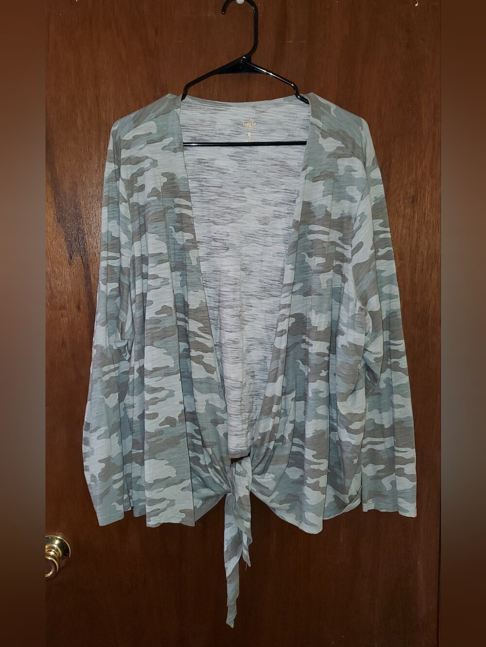 Belle Kim Gravel Camo Tie-Front Knit Cardigan Sz 4x